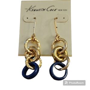 KENNETH COLE Navy Goldtone Circle Link Dangle Hook Earrings
